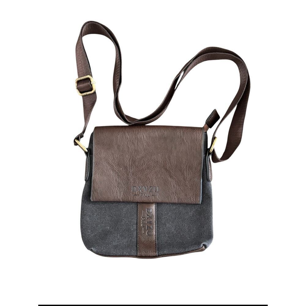 DXYZU PIJU Leather Canvas Crossbody Messenger Organizer Bag Black & Brown